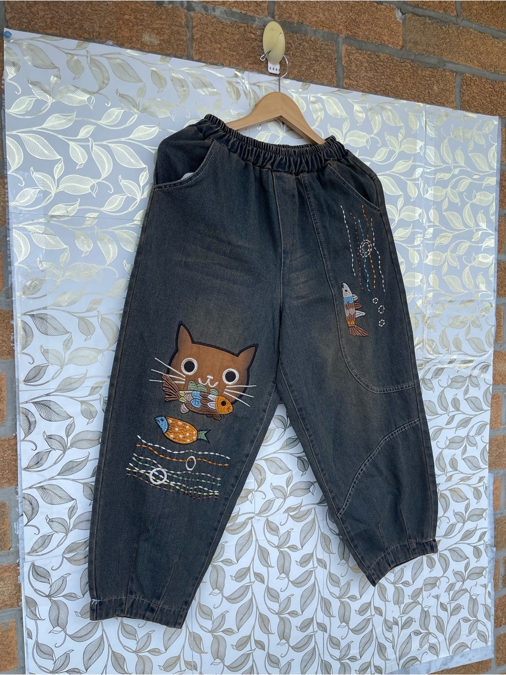 Bohemian Cat Fish Embroidery Linen Jogger Pants Antique Brown Small S - Picture 4 of 7